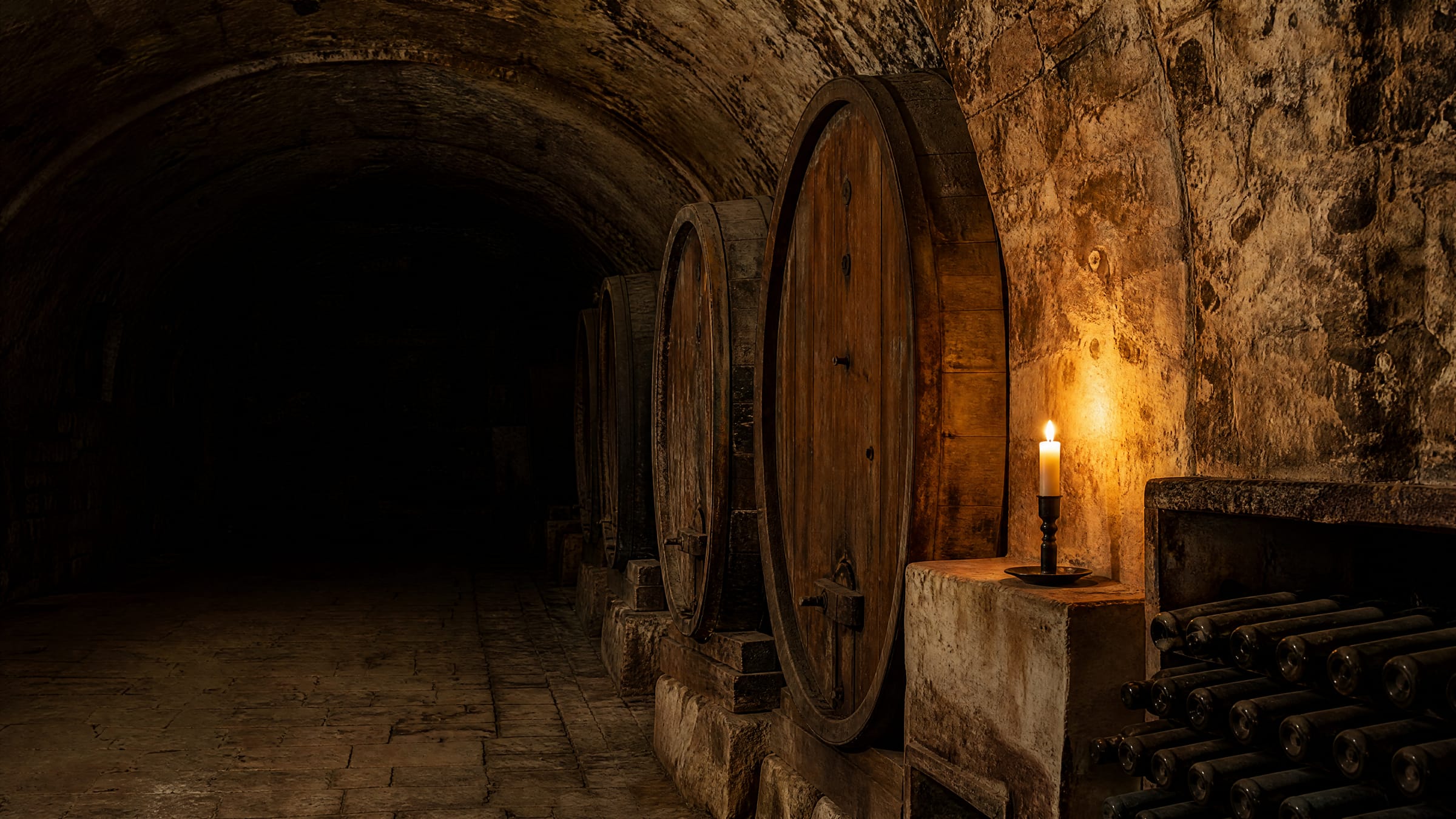 Wine bottles stored in a cellar