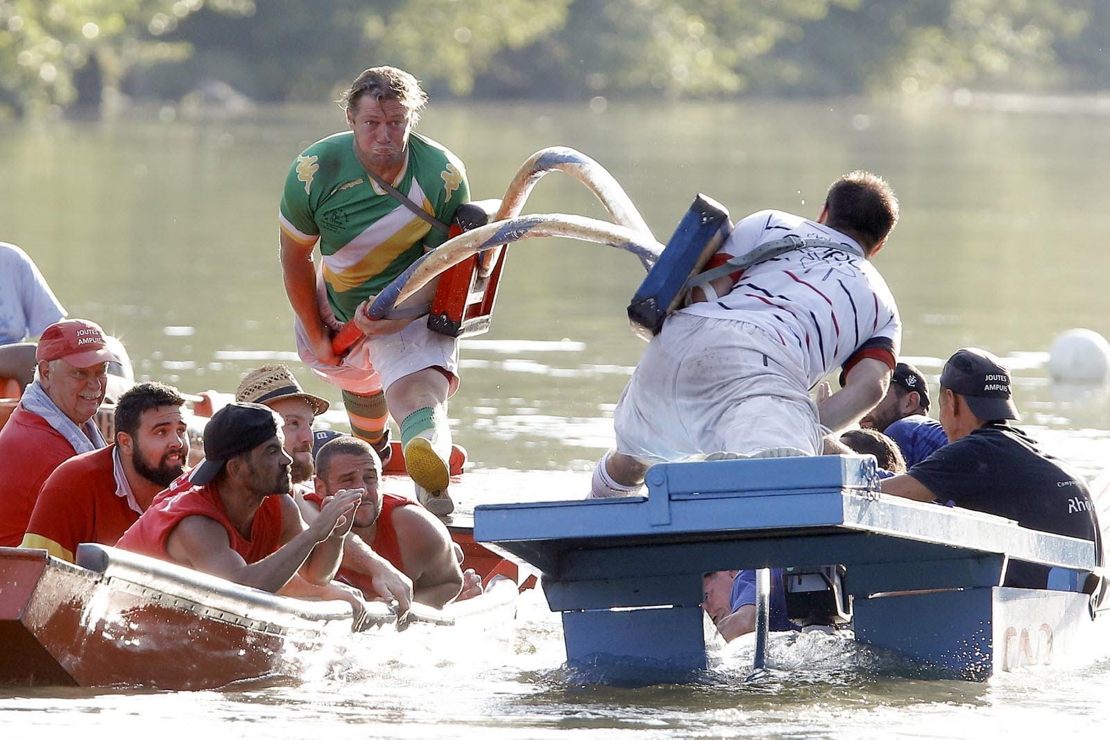 Water jousting team in action, the French sport Lionel Faury has championed ten times