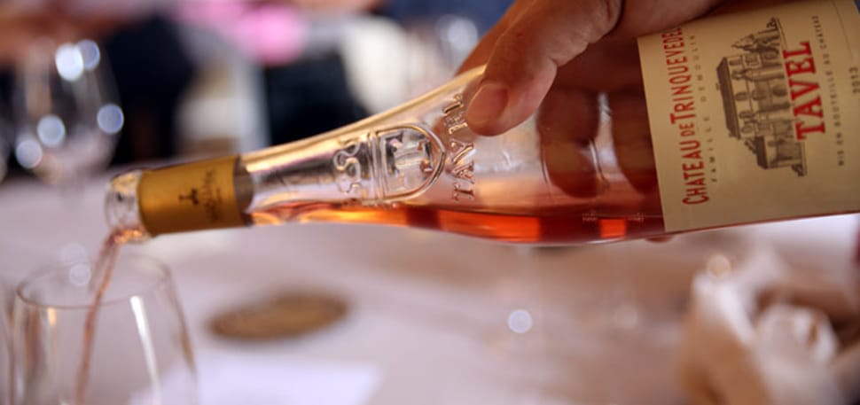 Pink Tavel rosé poured from a bottle